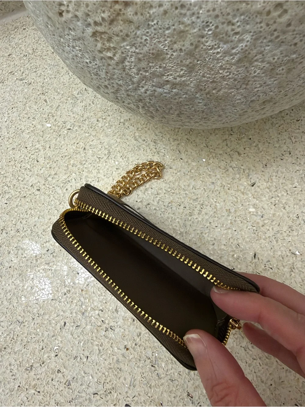 Coach Brown Pebbled Leather Card Holder with Gold Chain